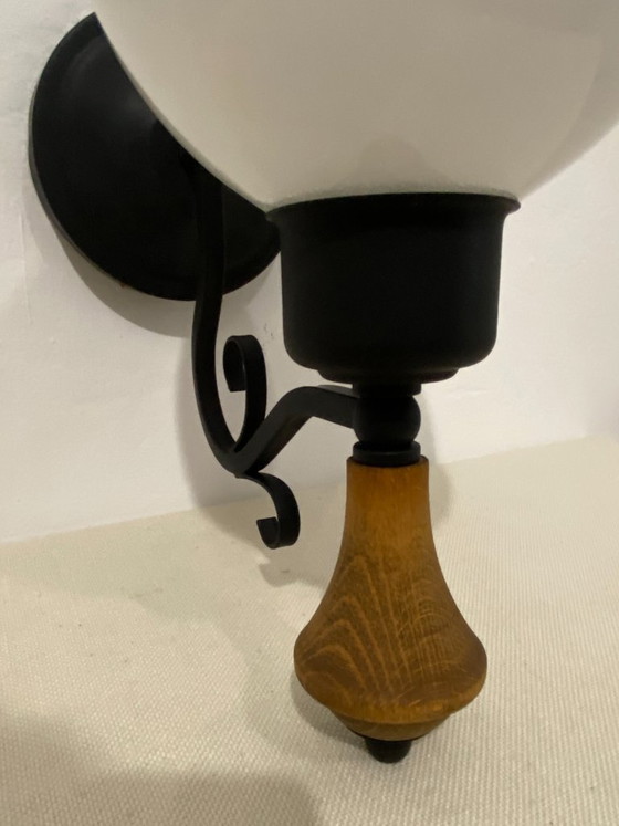 Vintage Opal Glass Globe Wall Lamp with Wood Detail, 1970s, Wall lights, Metal, Black (photo 7 of 16)