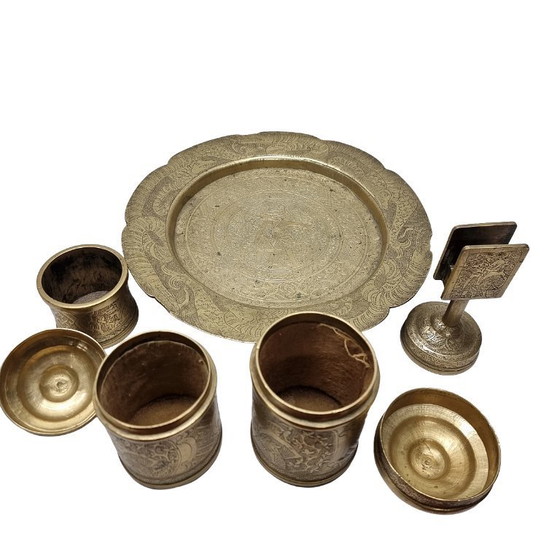 Image 1 of Juego de fumar indonesio de latón antiguo, de mediados del siglo XX