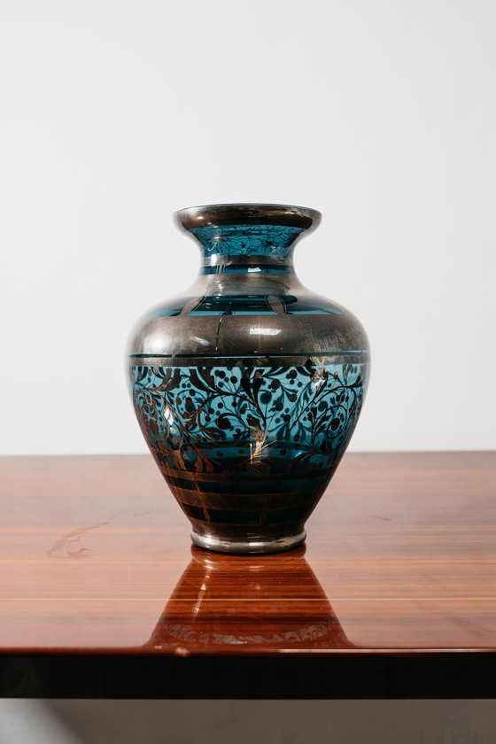 Image 1 of Glass and Silver Overlay Vase American Art Deco 1940’s Design