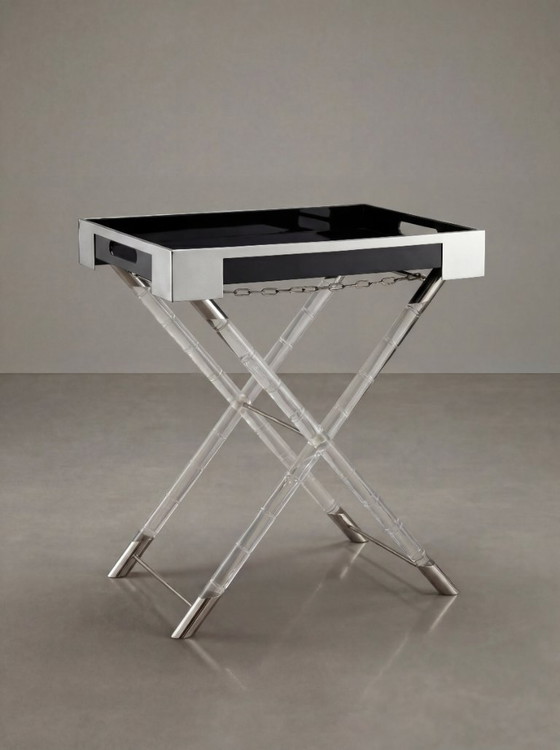Image 1 of Mesa con bandeja de bambú y cromo estilo Lucite de Maison Jansen, años 70