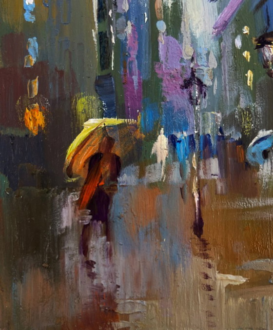 Image 1 of Original Oil Painting Gloomy Street Landscape Dynamics of the city during rain