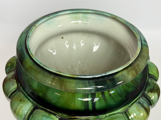 Image 1 of Beautiful Big Art Nouveau Majolica Jardiniere in High Gloss Green Tones