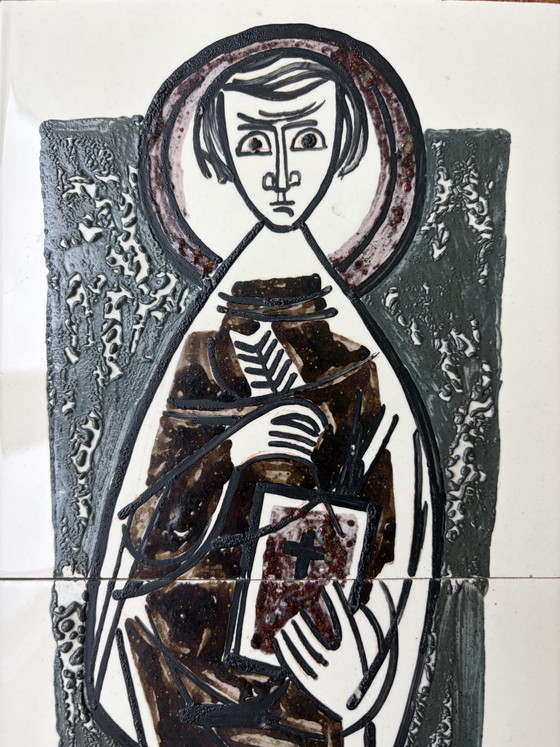 Keramische wanddecoratie uit het midden van de 20e eeuw, jaren 60, gesigneerde religieuze figuur, vintage (photo 5 of 9)
