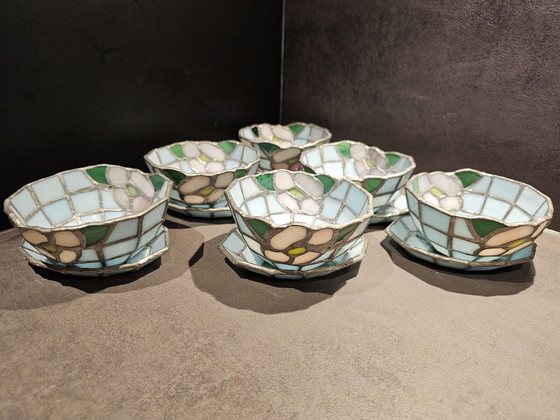 Image 1 of Vintage Tiffany Style – Glas-in-lood set van 6 kopjes & schoteltjes
