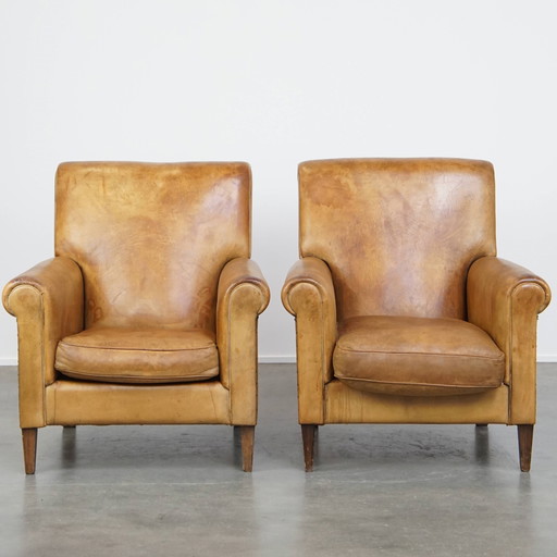 2 x Fauteuil vintage en cuir de mouton