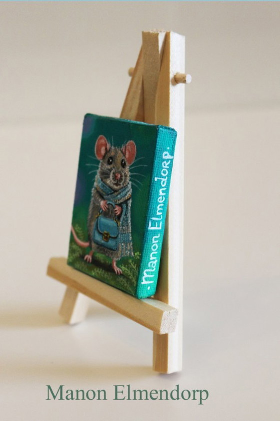 Image 1 of Unique Hand-Painted Little Mouse with Handbag Painting New
