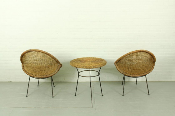 Image 1 of 1950s Italian Rattan Basket Chairs & Matching Bistro Table Set