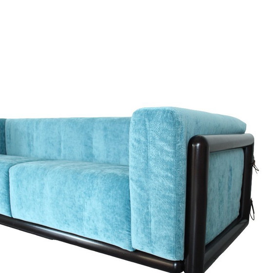 Image 1 of Cornaro two-seater sofa in iroko wood and blue velvet by Carlo Scarpa for Studio Simon, Italy, 1974