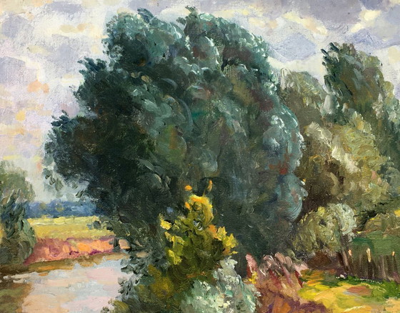 Image 1 of Originales Vintage-Ölgemälde: Ländliche Landschaft in Flussnähe
