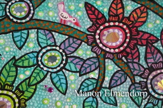 Image 1 of Hand-painted Small Painting Cat & Birds New 20x20 cm