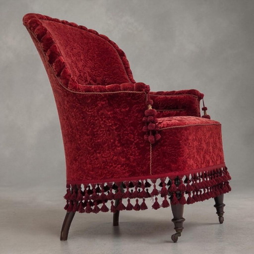 Fauteuil danois à haut dossier, années 1950, revêtement en velours, pieds en bois de hêtre.