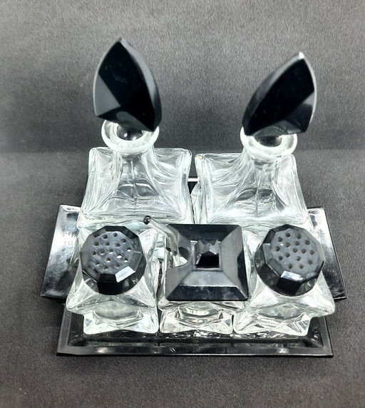 Art Deco Cruet Set 6-piece: pepper salt vinegar oil mustard