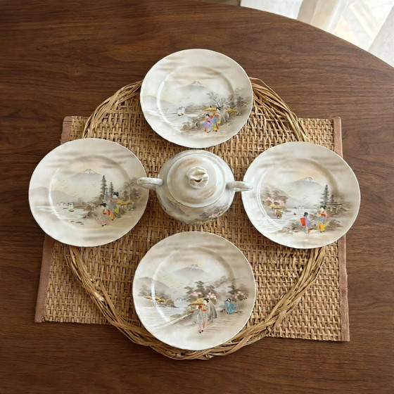Set Vintage Giapponese Kutani Geisha Ware: 4 Piatti e Zuccheriera, Porcellana Guscio d'Uovo Mount Fuji, (photo 10 of 10)