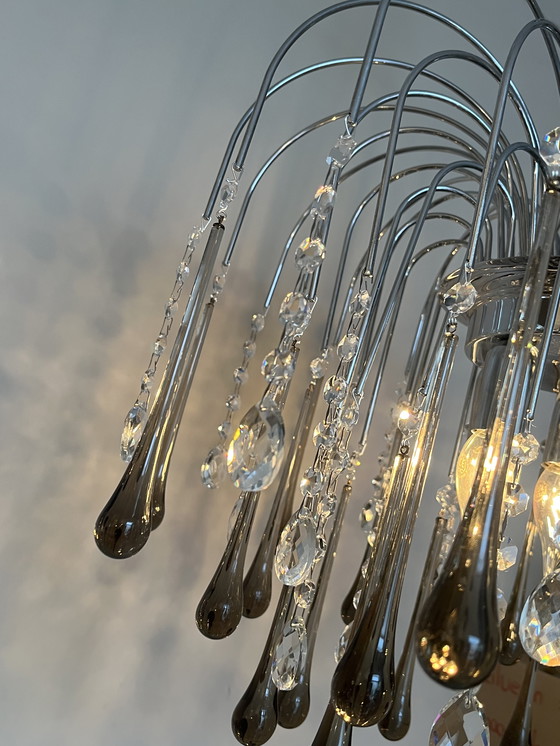 Image 1 of Lampadario a goccia XXL di design con gocce di cristallo e struttura cromata, italiano