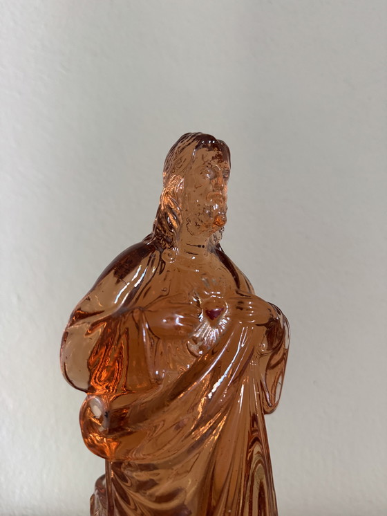 Image 1 of Großer Christus aus rosafarbenem Glas 40er Jahre