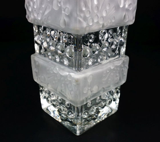 Image 1 of mid century modern GLASS VASE, block vase, textured surface, relief decoration, clear glass, satin glass