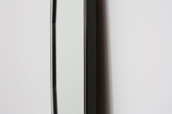 Image 1 of Miroir octogonal graphique du milieu du siècle avec cadre en bois et miroir noir, années 1960.