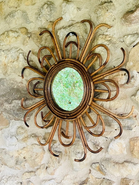 Image 1 of Specchio da parete in rattan e bambù, metà secolo, anni '60