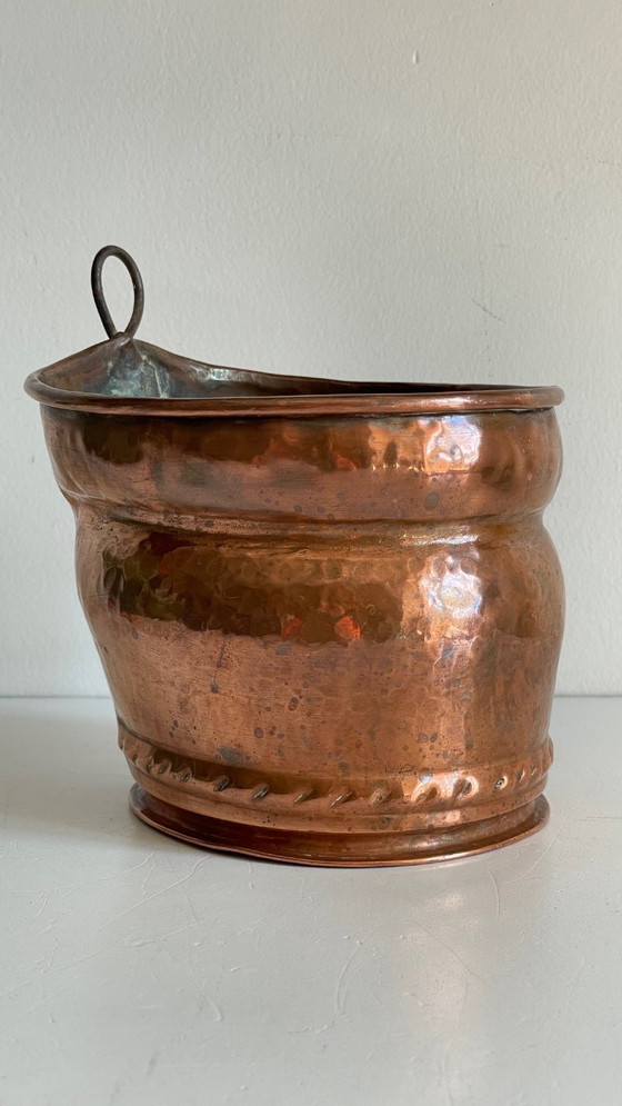 Image 1 of Hangende koperen en stalen plantenpot