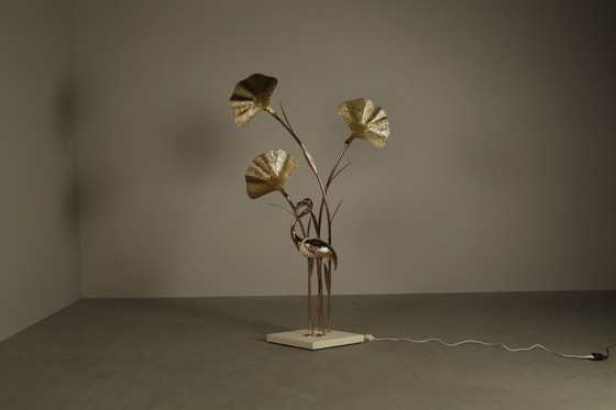Image 1 of Grande lampada da terra in ottone a forma di fenicottero con foglie di Ginkgo scultoree, Italia, anni '70