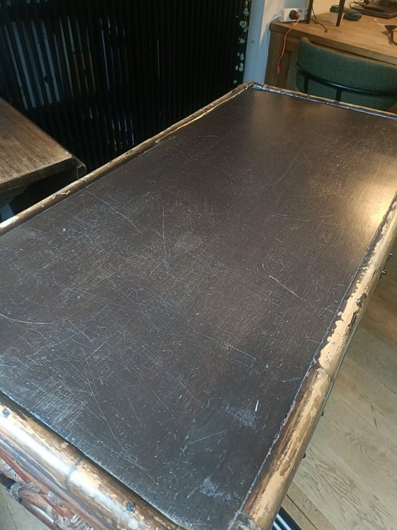 Characterful vintage bamboo-style Desk with three drawers, Brown (photo 5 of 9)