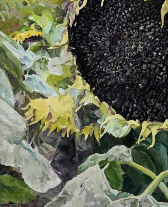 Pittura a Olio Originale Arte Contemporanea Simbolismo Semi di Girasole Per il Futuro Raccolto (photo 6 of 7)