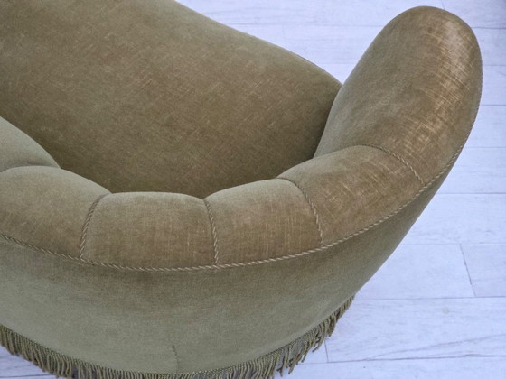 Image 1 of 1960s, Danish 2-seater "Banana" sofa, original green furniture velour.