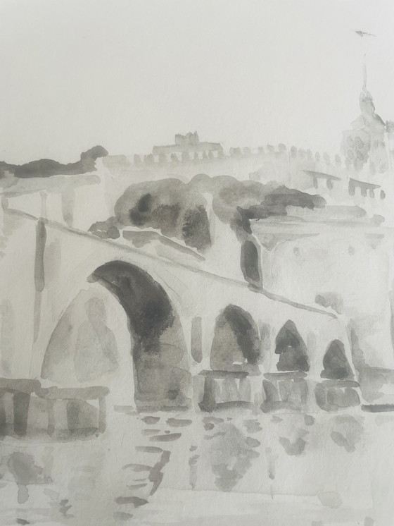 Image 1 of Signiertes Aquarell monochrom sepia Pont d'Avignon