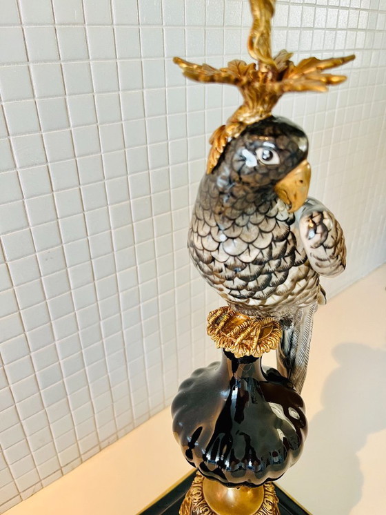 Image 1 of 48 cm grote, enorme set - bronzen, porseleinen papegaai kandelaars, nieuwe kandelaars