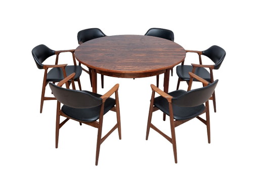 Eetkamerset uit het midden van de jaren 60, 6 Carlton fauteuils van Låte Møbelfabrikk en uitschuifbare tafel – Wood