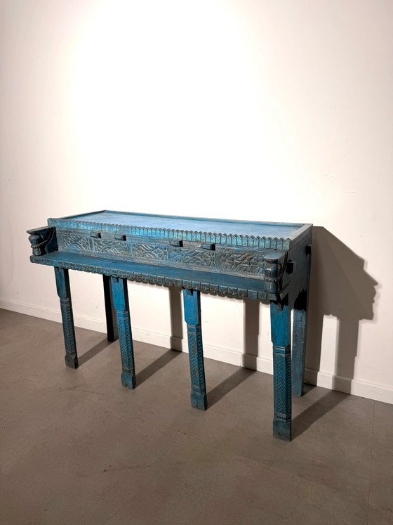 Consolle indiana intagliata in blu turchese – Tavolini, Wood (photo 2 of 7)