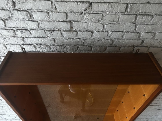 Wall display cabinet with glass sliding doors, brown wood, Mid Century Modern (photo 11 of 14)