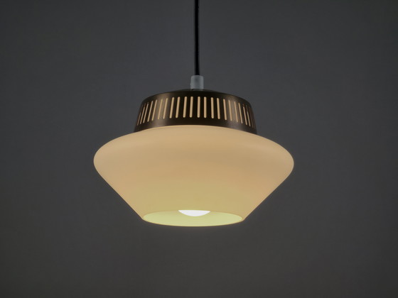 Image 1 of Rare 1950s Vintage Opal Arch Pendant Light By Svend Aage Holm‑Sørensen — Danish Mid-Century Modern Pendant Lamp.