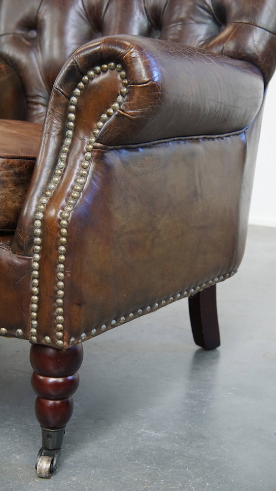 Image 1 of Cognackleurige Bruin Rundleren Chesterfield Fauteuil