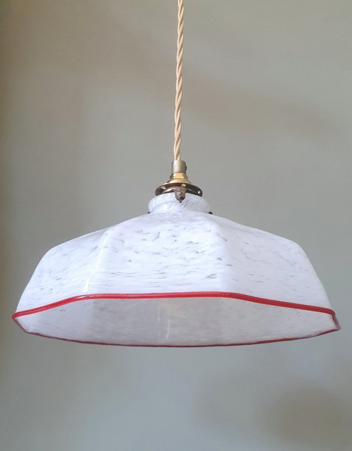 lampada a sospensione esagonale vintage - vetro opalino - paralume bianco marmorizzato