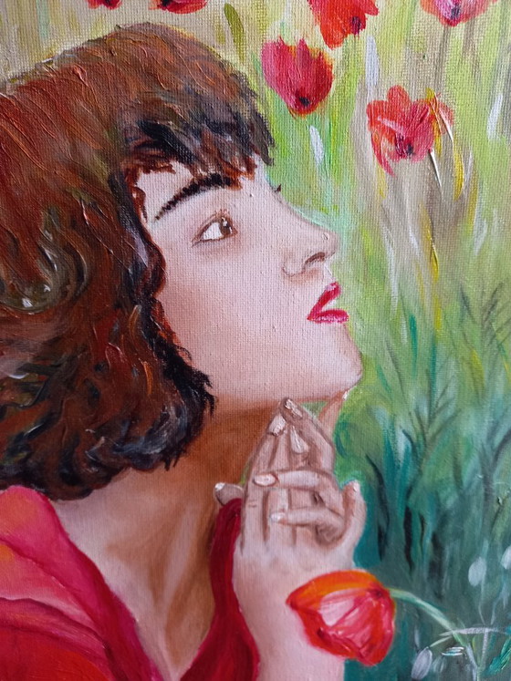 Image 1 of oil painting girl in a flower field
