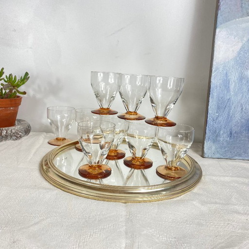 9 Art-Deco-Wein- oder Wassergläser mit bernsteinfarbenen Stielen, 9 cl – glazen karaffen, Glass