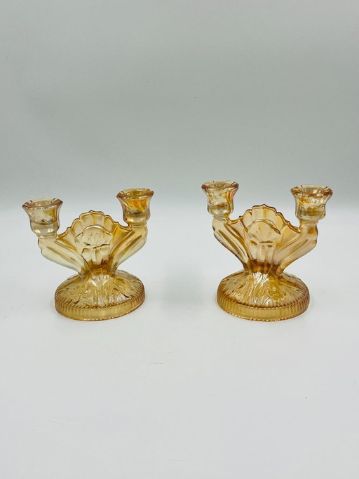 Ein Paar Empoli-Kerzenständer aus bernsteinfarbenem Glas im Art-Deco-Stil