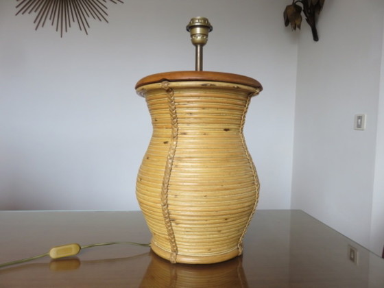 Image 1 of XXL lamp in the style of Gabriella Crespi, rattan, leather and wood, 60s-70s