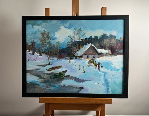Original Oil Painting Winter House Landscape Path through snowdrifts