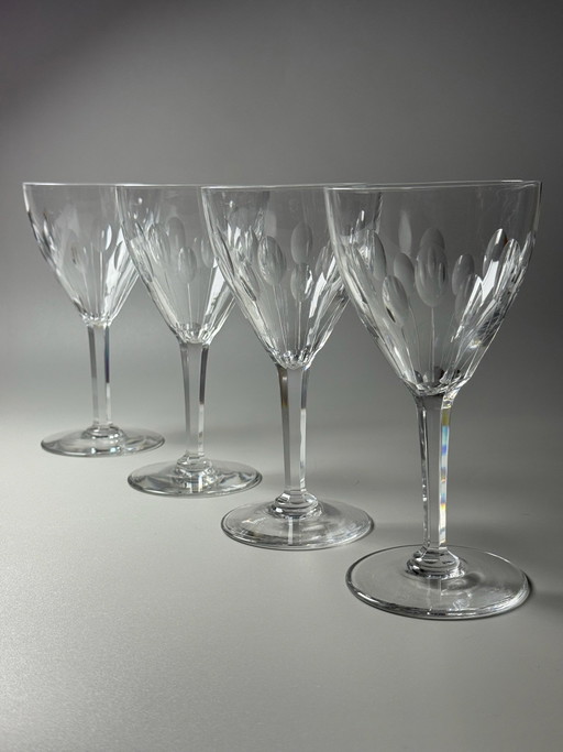 Val Saint Lambert – Nestor – Set of 4 Large Art Deco Hand-Cut Crystal Wine Goblets – Romeo Pattern – 1930s – Belgium

