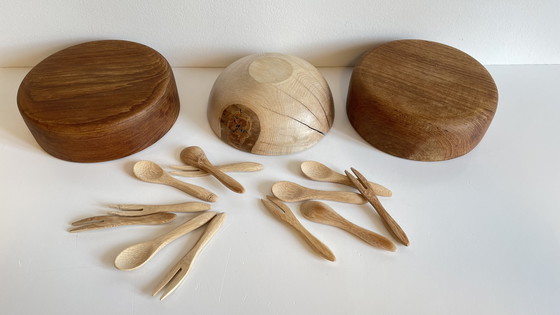 Image 1 of Set di 3 ciotole + 12 mini posate in legno e teak