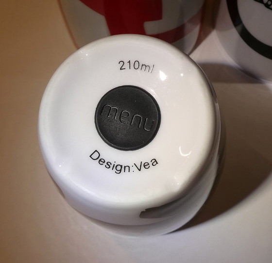 Image 1 of 3 Menu thermal mugs, design by Pernille Vea, Love series, 2 x black, 1 x red, Denmark 2000s