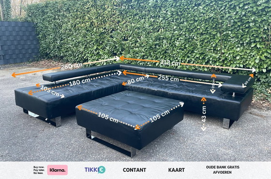 Image 1 of Montèl Cipriani design hoekbank zwart leer met hocker – Iconisch Nederlands design – Premium zwart lederen comfort