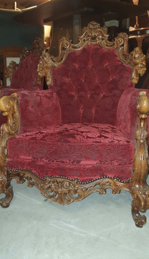 4 Baroque Armchairs – fauteuils, Velvet, Wood