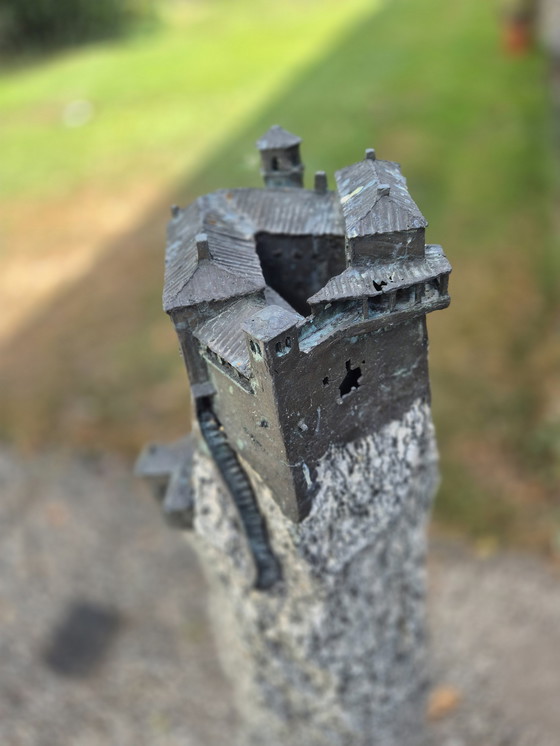 Image 1 of Columna de granito con pueblo italiano, 1,30 m de altura