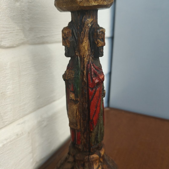 Hand-carved wooden candlestick with saint figures – 24 cm – Sculpture (photo 2 of 13)