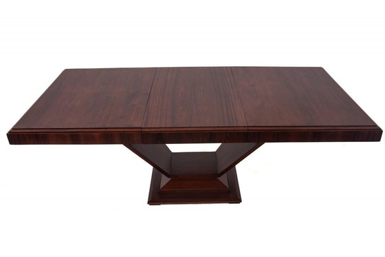 Image 1 of  zoom_in Original walnut extendable table, designed by Louis Majorelle, with 6 Art Deco chairs.