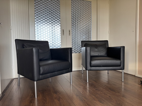 Image 1 of  Modernist German Black Leather and Steel Lounge Chairs from Walter Knoll / Wilhelm Knoll, 2000s, Set of 2