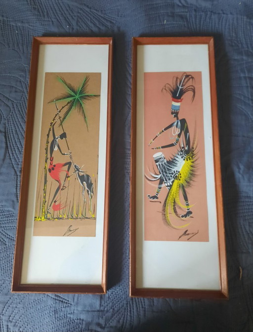Ensemble de 2 pièces authentiques d'art africain du Congo de 1950, représentant la chasse et le bongo.